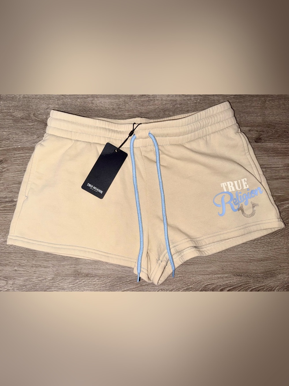 True Religion Beige Athletic Drawstring Shorts with Light Blue Trim